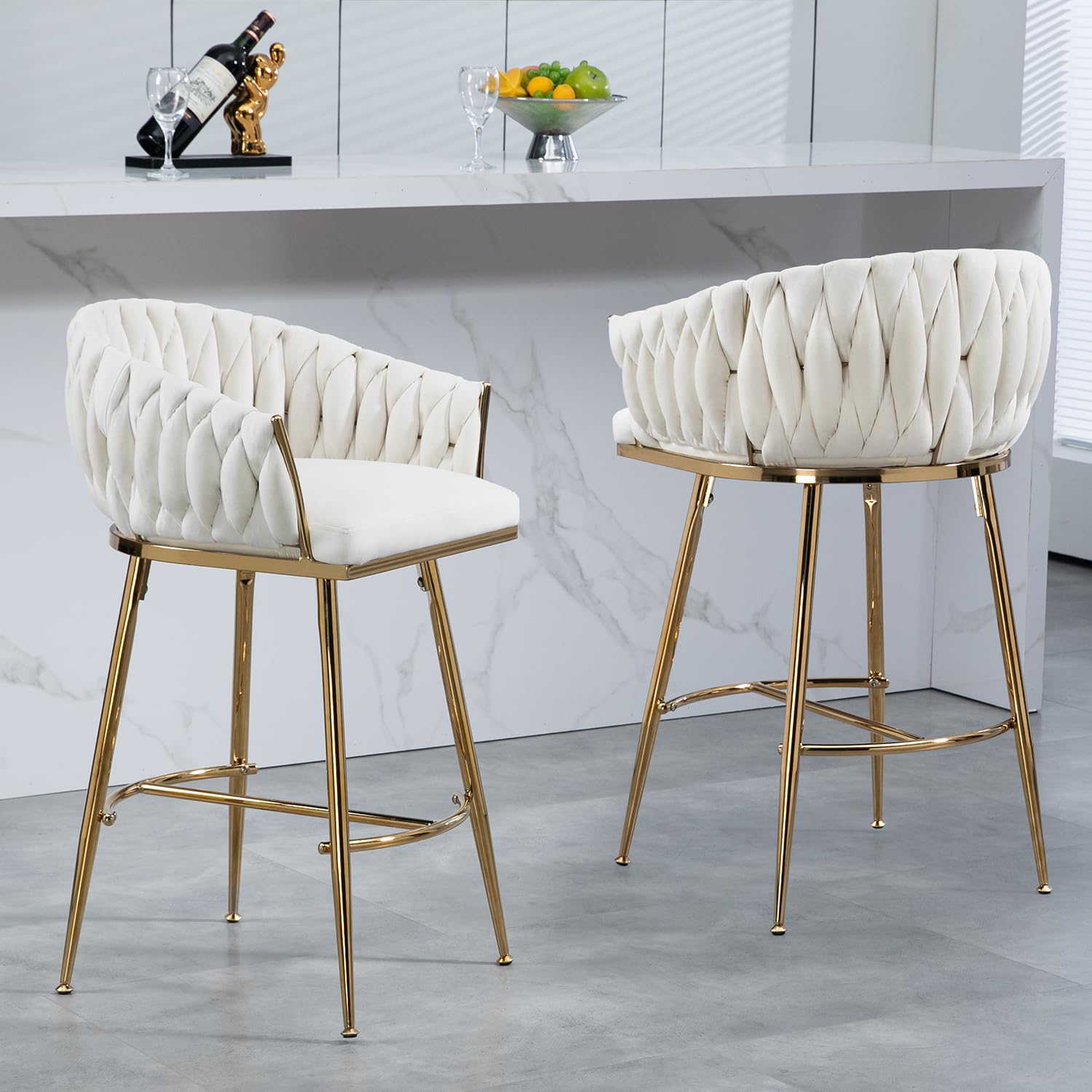 KEIKI 26" Velvet Bar Stools Set 1 PCs Modern Counter Height Bar Stools with Hand-Wave Back, Velvet Kitchen Island Stools Bar Chairs with Golden Chromed Base & Footrest for Kitchen Dining Room, Beige
