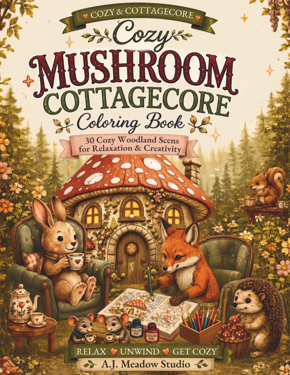 Cozy Mushroom Cottagecore Coloring Book: 30 Unique Mushroom and Woodland Illustrations for Teens and Adults