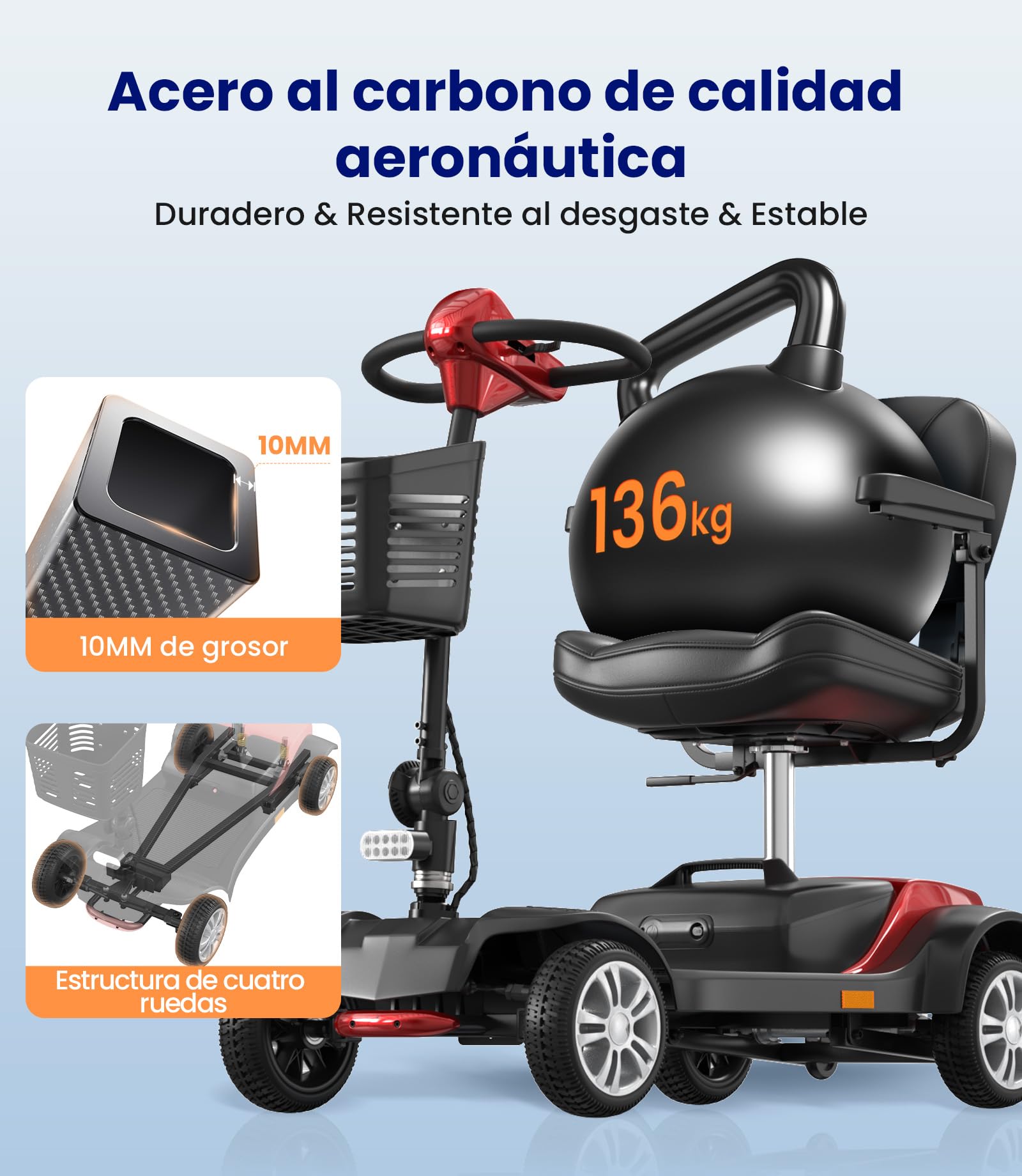 VOCIC D51 Scooter de movilidad plegable 136KG,Movilidad scooter de 4 ruedas estable Rojopara personas mayores de alcance de 15KM con Neumáticos Antipinchazos para todo terreno,apoyo 5 Años| Rojo