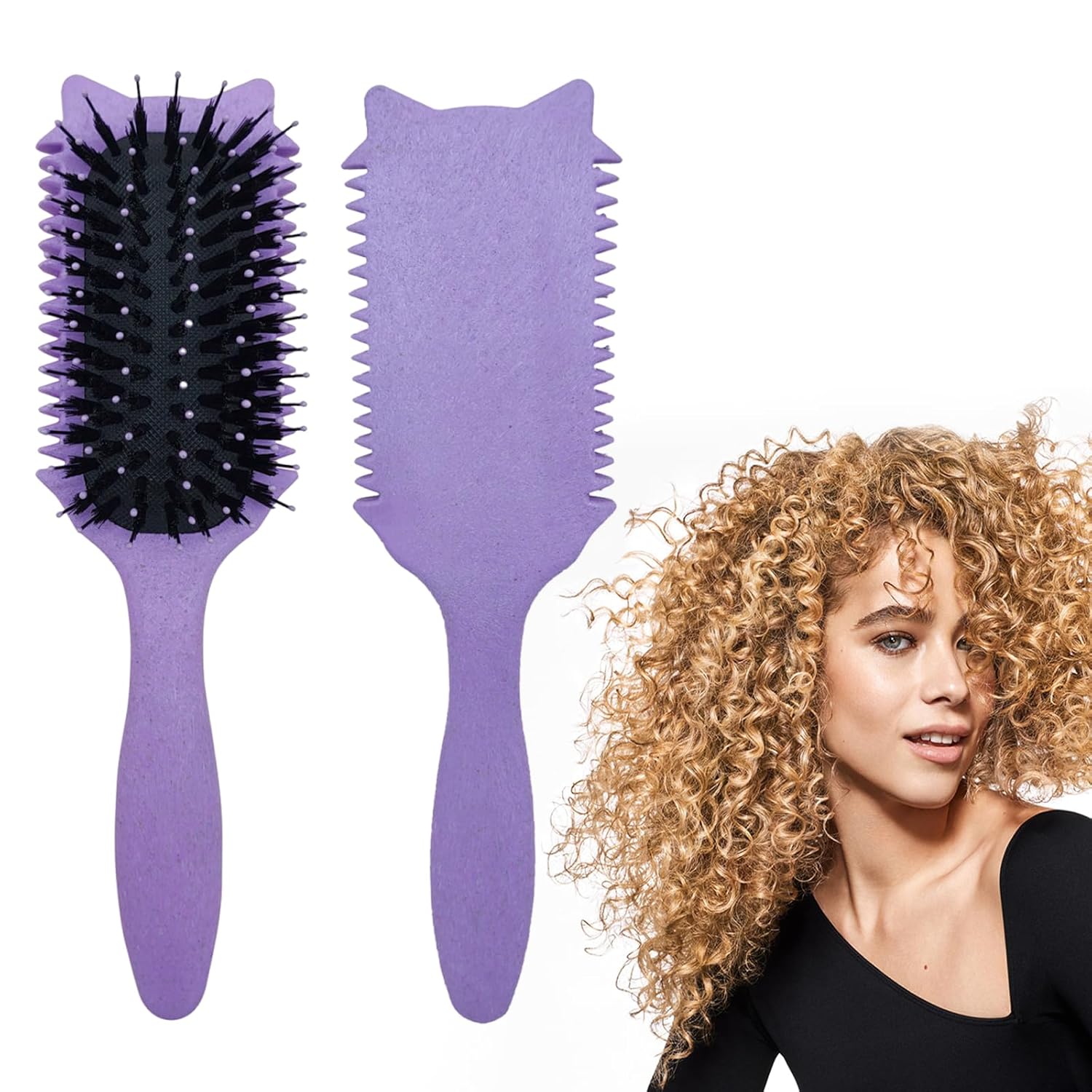 iDAOLI Curly Hair Brush with Cat Ears - Define Volumize Detangle Curls Waves Coils Reduce Frizz Pull Purple