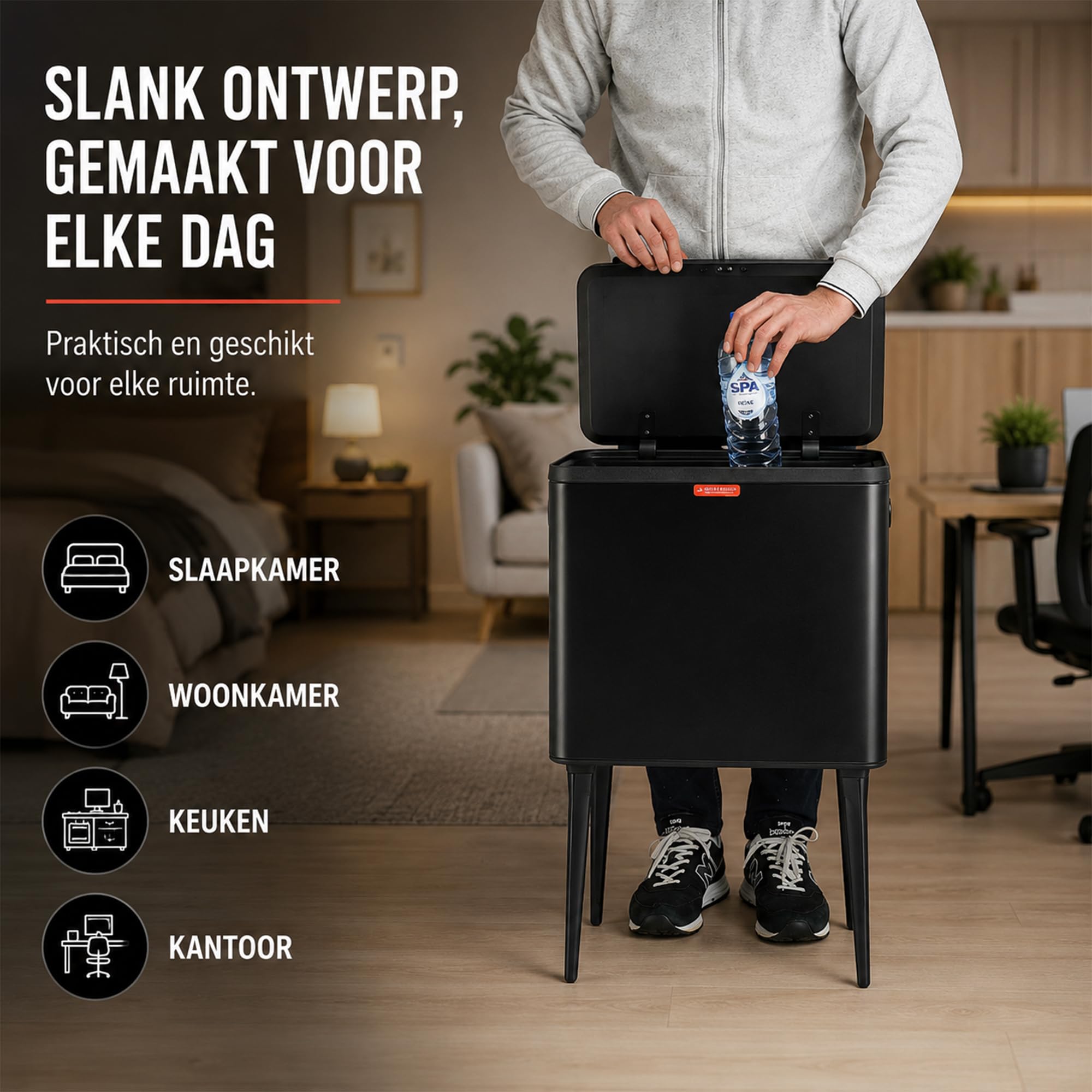 Mülleimer auf Beinen Schwarz 35L – Edelstahl Mülleimer Küche mit Pushdeckel – Mülleimer auf Beinen – Mülleimer für Hausmüll, Badezimmer, Büro und Hauswirtschaftsraum
