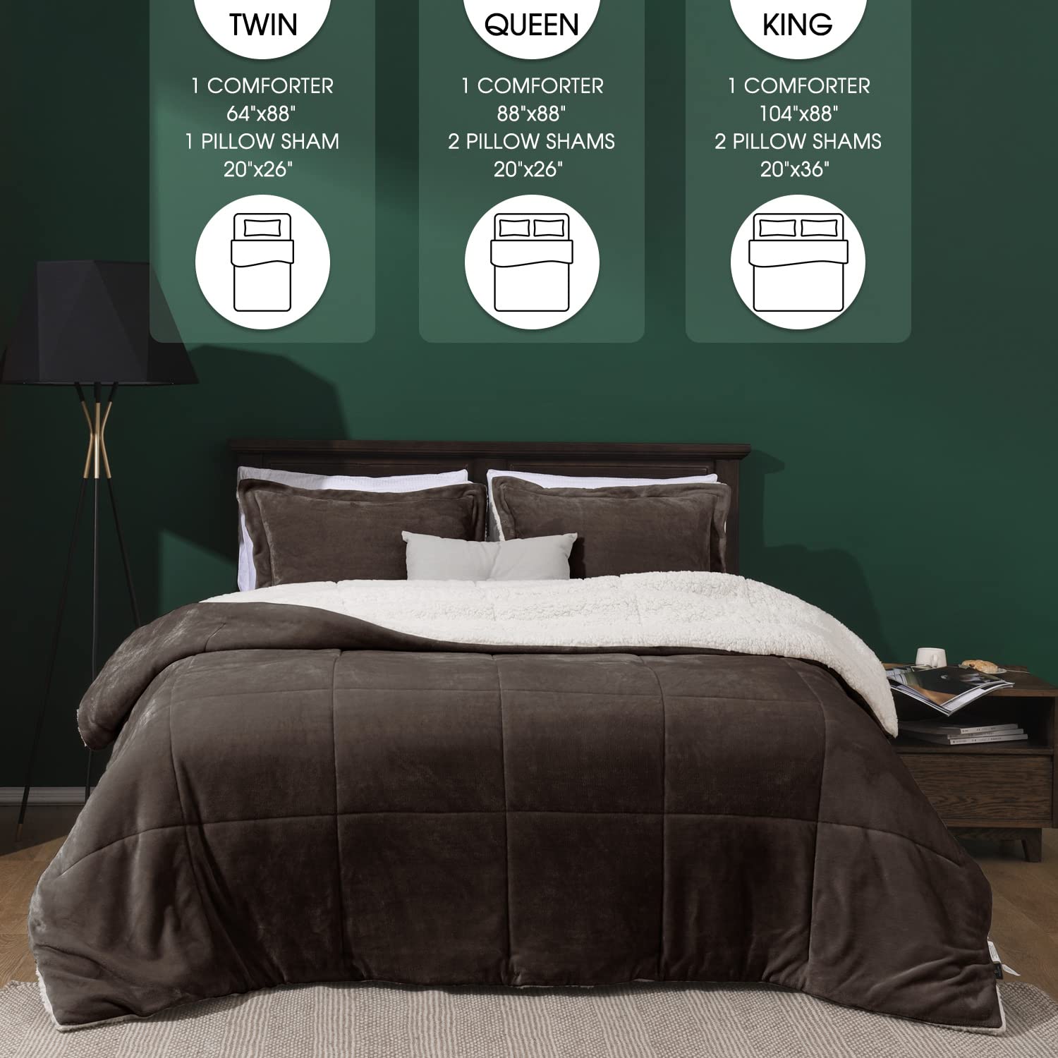 Basic Beyond Queen Comforter Set - Luxury Micromink Sherpa Fleece Bed Comforter Queen Set,Brown Comforter Set Queen Size for Winter,3-Piece(88"x88")