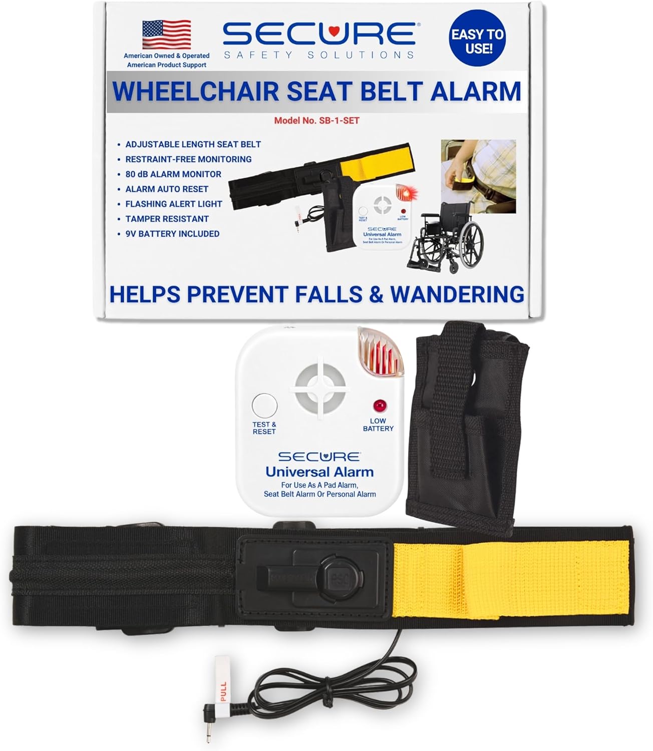 Secure Safety Solutions Wheelchair Seatbelt Chair Alarm for Elderly Dementia Patients - Non-Restraint Seat Belt Strap Sensor and Alarm - Fall Prevention Caregiver Alert Device for Monitoring Seniors