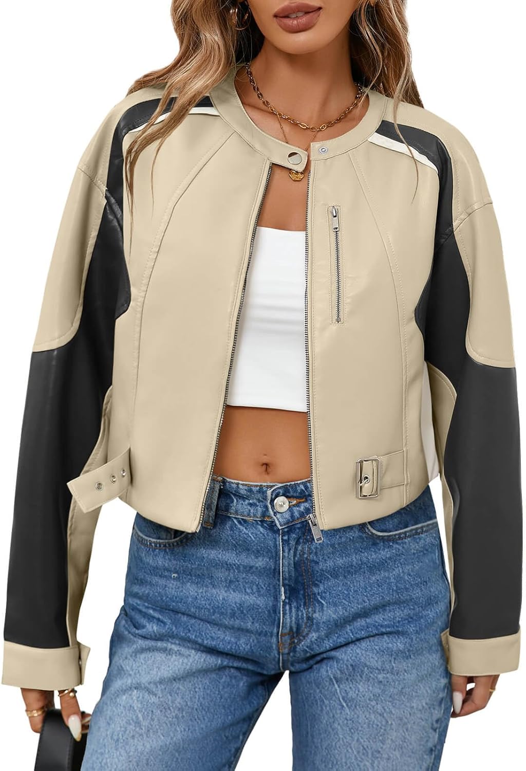 Tankaneo Womens Faux Leather Bomber Jackets Cropped Zip Up Color Block Fall Casual Moto Biker Coats - Image 2