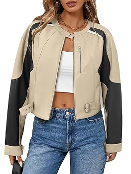 【Anyone more】The Fall Spring Leather Jacket Tankaneo Womens Faux Leather Bomber Jackets Cropped Zip Up