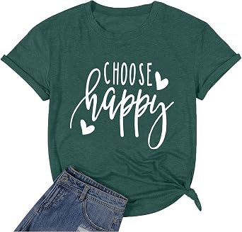 Cute Love Heart Choose Happy Letter Print Graphic Tee for Women