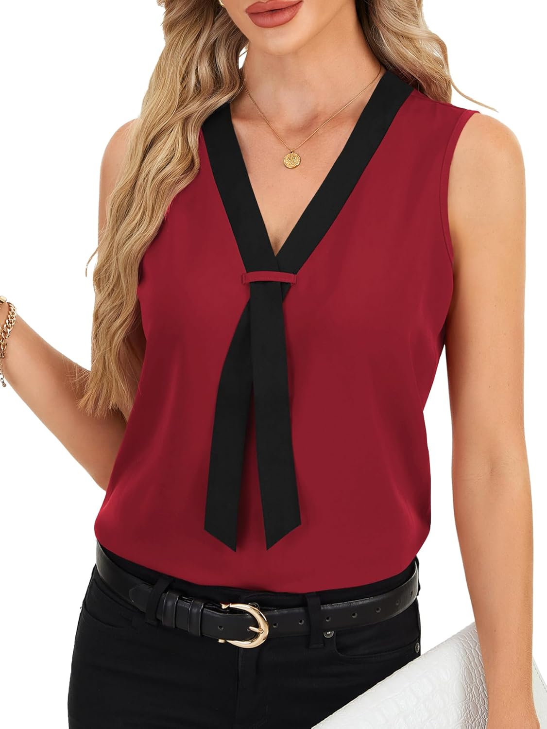 Rooscier Women's Colorblock V Neck Sleeveless Loose Fit Office Blouse Tank Top Shirt - Image 3