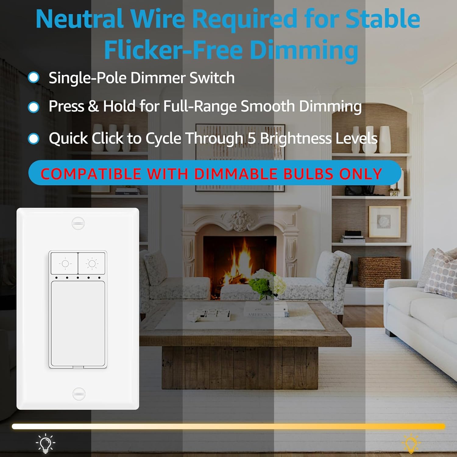 20 Pack Single Pole Dimmer Light Switch, Neutral Wire Required, Work with LED/CFL (150W Max) & Halogen/Incandescent (600W Max), 5 Brightness Levels, ETL/FCC Certified