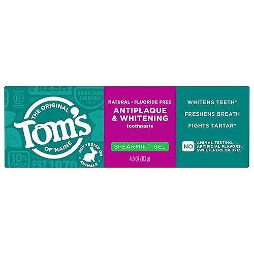 Tom's of Maine Antiplaque and Whitening Fluoride Free Natural Toothpaste Gel, Vegan, Spearmint, 4 Ounces (3 Pack)