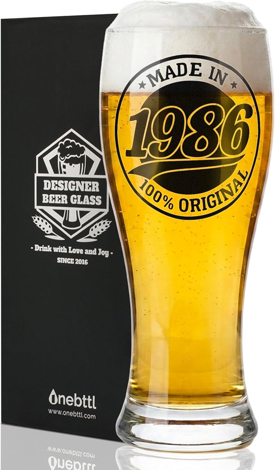 Onebttl 40th Birthday Gifts for Men, Beer Glass 15oz, 1986 Pint Glass, Funny 40 Year Old Gift Ideas for Him Dad Husband Brother Friend, Made in 1986 Beer Lover Party Present