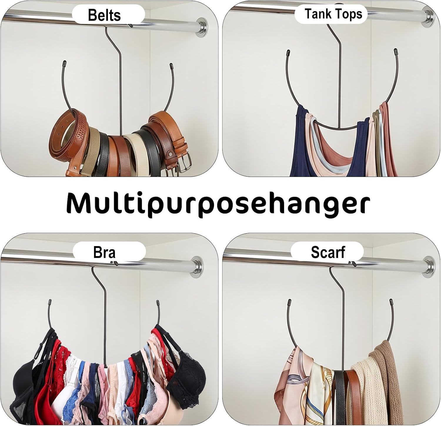 2 Pcs Hanger for Belts, Belt and Hat Organizer, U-Shaped Metal Tie Rack Hangers with Hooks Black Closet Accessories Heavy Duty Metal Organizers for Ties, Scarves, Hats, Bags