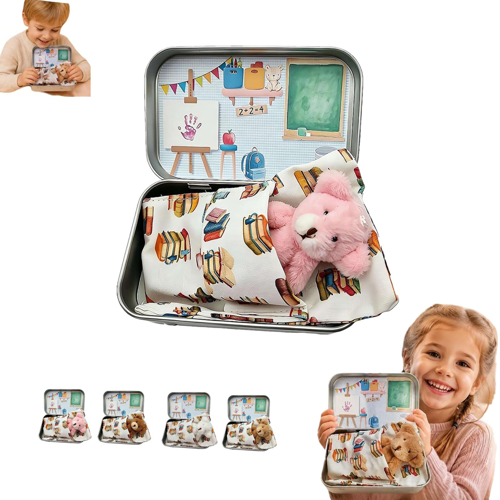 Pocket Bear in Tin Box, Mini Plush Pocket Hug Love Token, First Day at School Gift,Inspirational Positive Ornaments Gift, Plush Bear Toy Sending You Mini PocketHug Love, on your 1st day of school