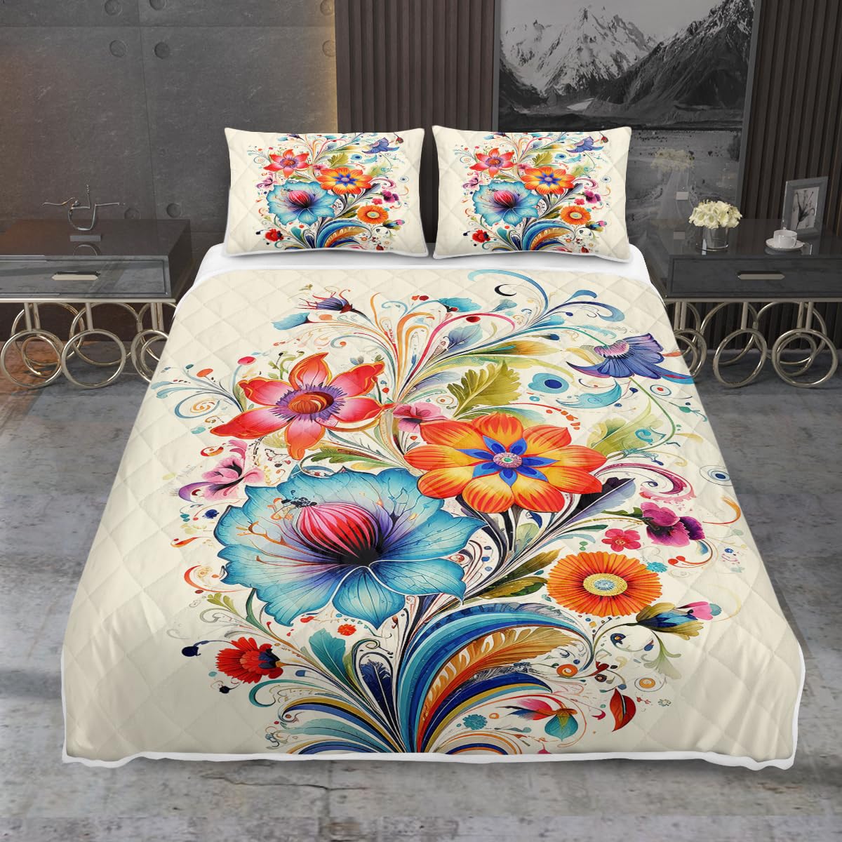 MILANKET 3 Pieces Flowers Bloom Print Quilt Set King Size for Kids Adults Beige Bedspread Coverlet Lightweight Microfiber Bedding Set with 2 Pillow Shams