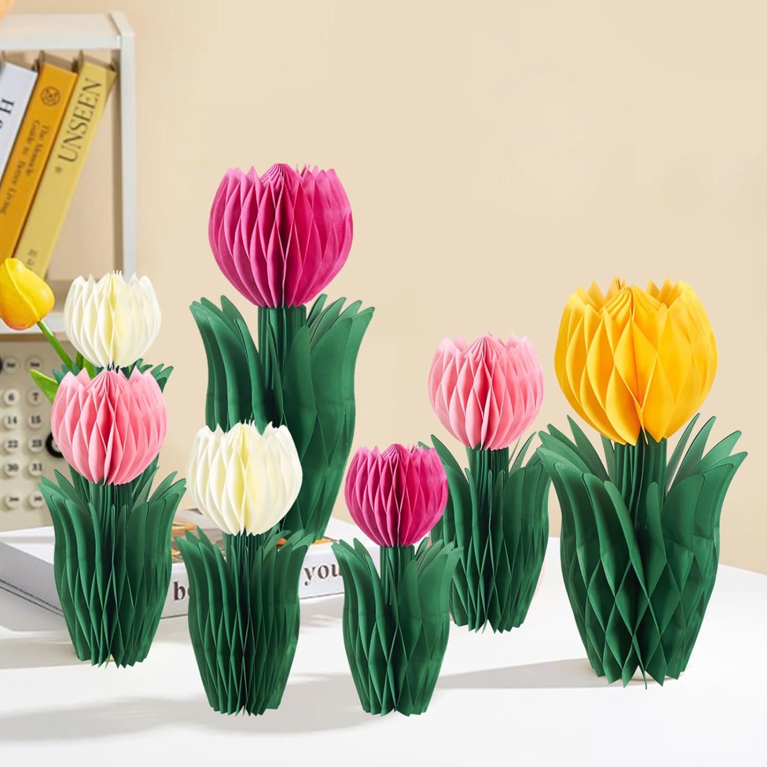 SUNBEAUTY 8 PCS Flower Honeycomb Decor Tulips Table Centerpieces Spring Decoration for Home Office Paper Flower Tulip Honeycomb Decor for Garden Party, Mother's Day Decoration