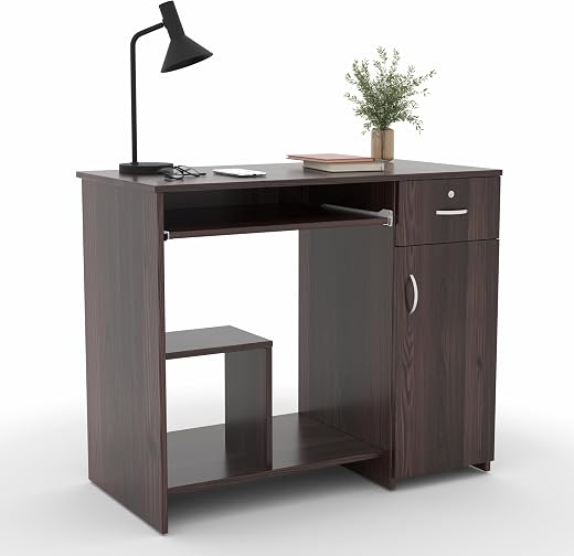 CREATIVE QUBE 45x90x76CM Engineered Wood Study &amp; Office Table with Drawer, Cabinet Storage &amp; Keyboard Tray | Sturdy, Folda...