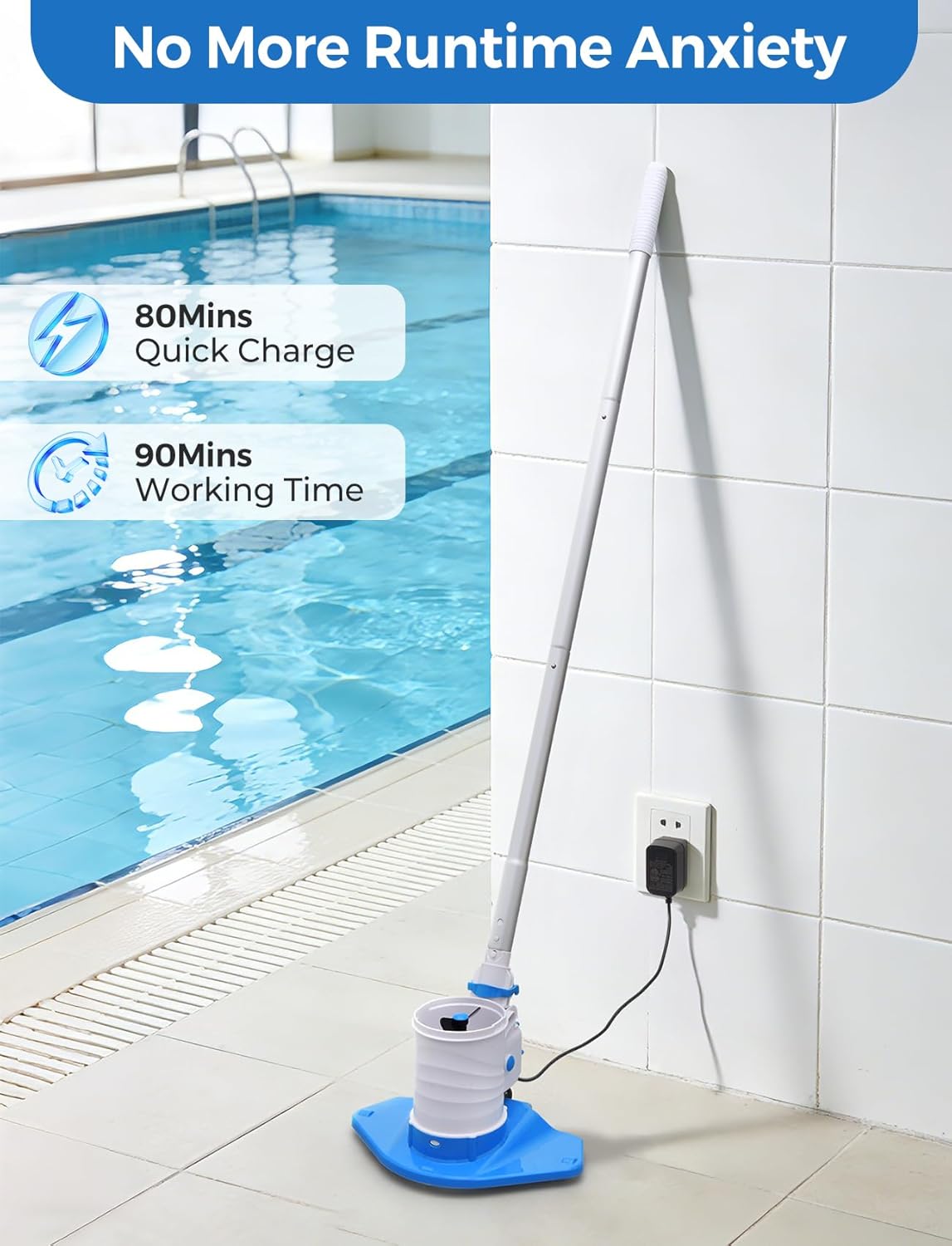 Pool Leaf Vacuum with 71.7in Telescopic Pole, 83GPM Powerful Suction, Rechargeable Cordless Pool Skimmer with 90Mins Runtime for Inground & Above Ground Pools, Pool Vacuum for Debris and Leaves