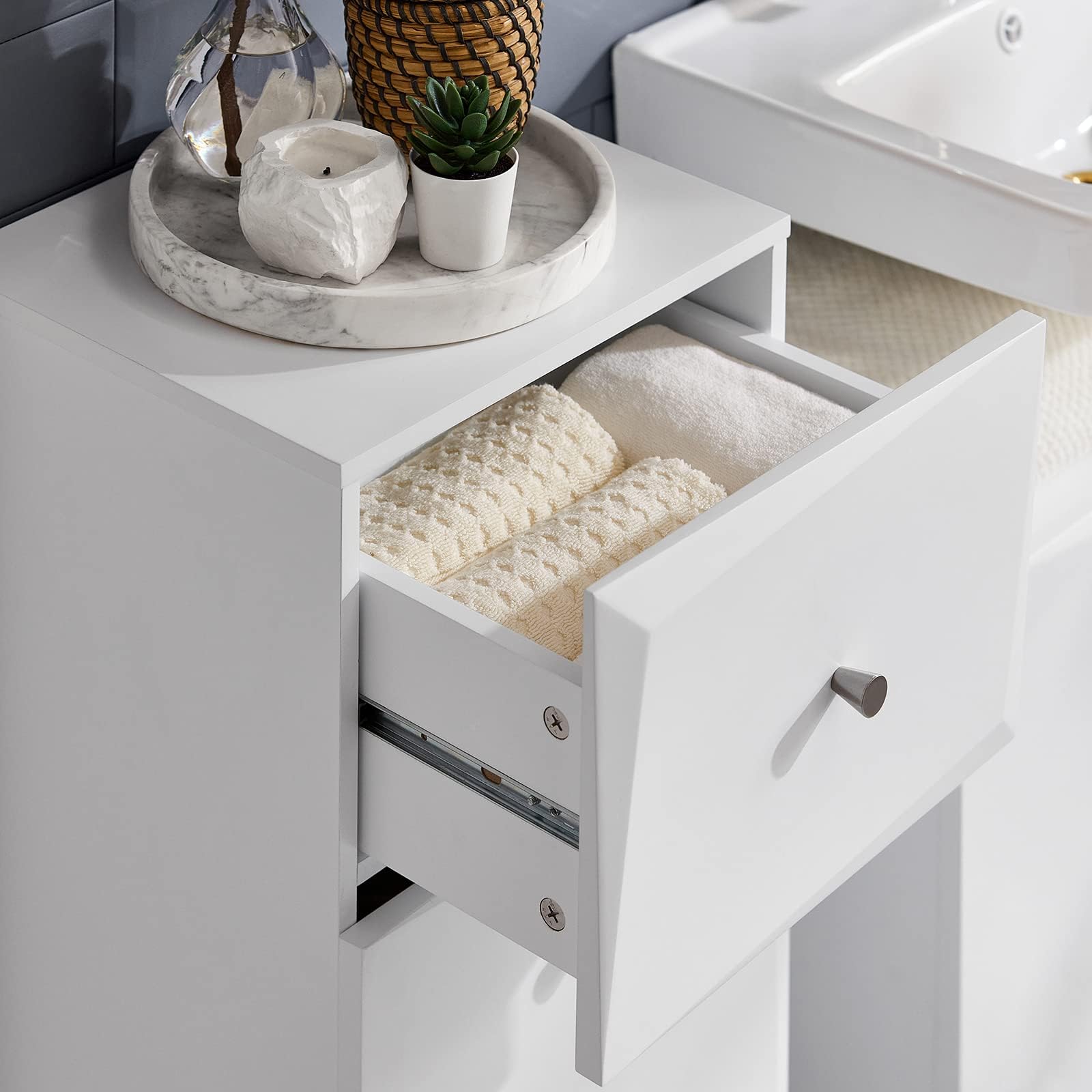 SoBuy Armadietto da Bagno con Cesto per il Bucato – Mobile per il Bucato con Cassetto Compatto, Mobile Salvaspazio in Legno per il Bagno, Design Moderno, Bianco, 34x90x30 cm, BZR93-W