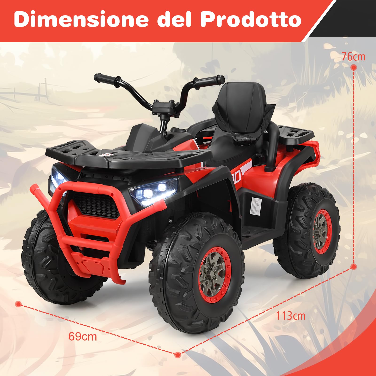 GYMAX Auto Elettrica per Bambini 3+ Anni, Quad Elettrico 12 V per Bambini con Funzioni USB/MP3/TF, Fari a LED, Clacson, 2 Velocità, Carica di Peso 50 kg, 113 x 69 x 76 cm (Rosso)