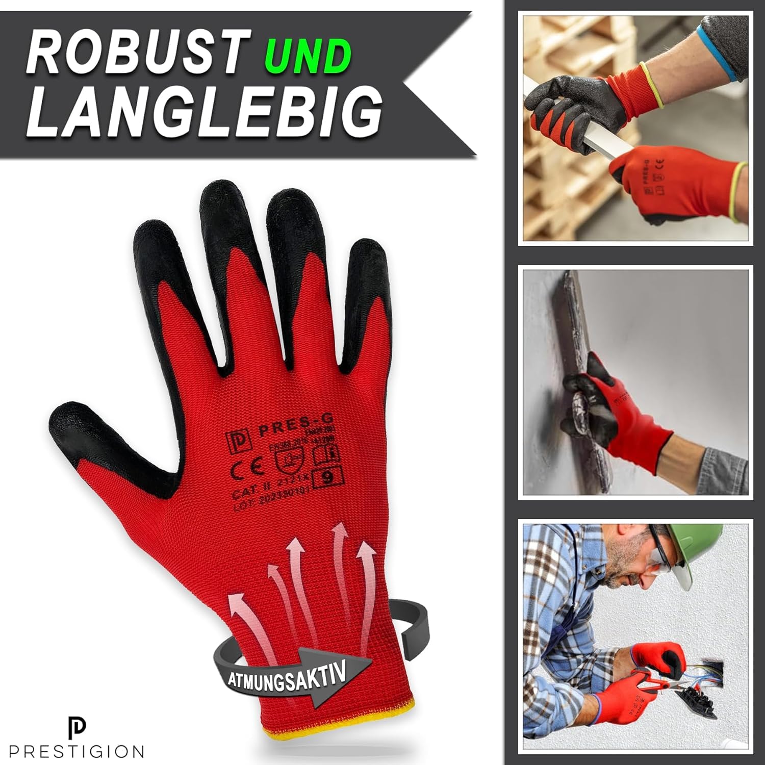 Gants de Travail, Taille 10-XL, 72 Paires - Gants en latex pour le travail - Résistants à l'abrasion - Idéals pour les chantiers, les bricoleurs ou le jardinage