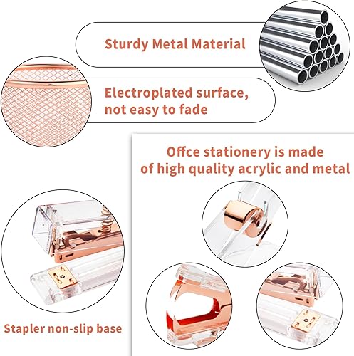 Miniatura 6 de Accesorios de escritorio de oro rosa, juego de suministros de oficina con grapadora acrílica, dispensador de cinta, removedor de grapas, soporte