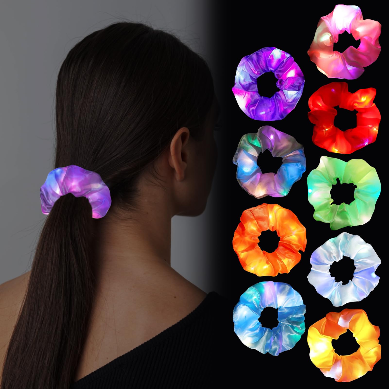9 Elastici Per Capelli Luminosi LED Per Donna - 3 Modalità Di Luce - Fosforescenti Al Buio Per Feste Rave E Neon - 2