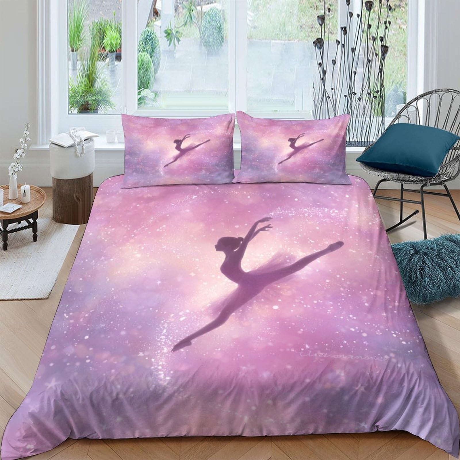 Ctjqhvkz Style-1 3D Printed Ballet Silhouette Fitted Sheet Microfiber Pink Purple Gradient Mattress Cover Bedroom Decor Single（135X200cm）