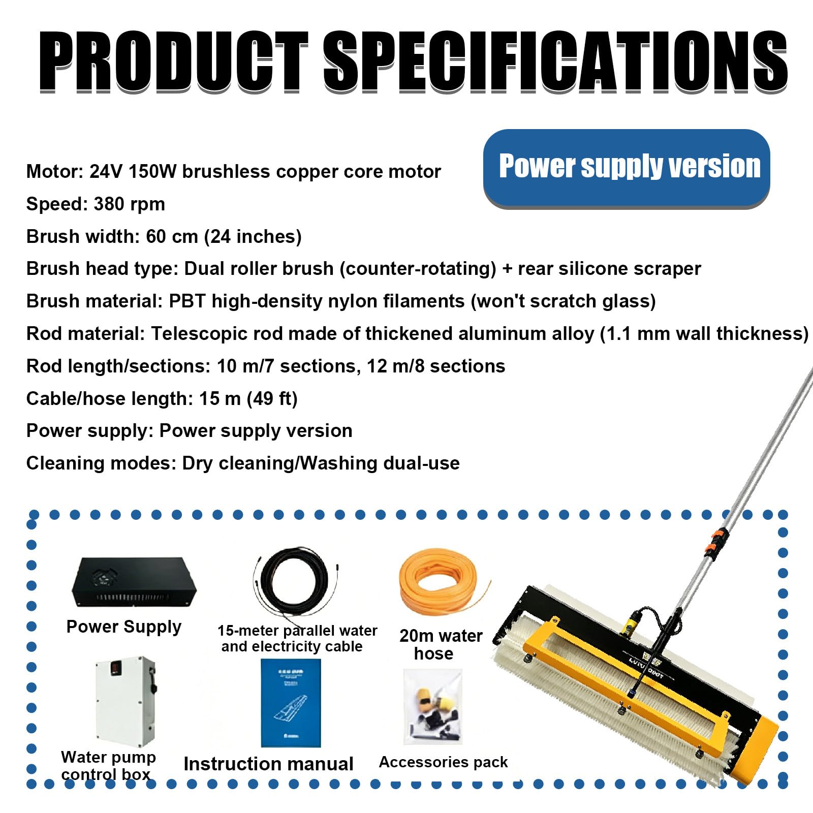 Kit De Limpieza De Paneles Fotovoltaicos – Con Batería 29.000 Mah, Cepillo 60 Cm A 380 Rpm, Raspador Trasero De Silicona, Pértiga De Fibra De Carbono – Limpiador Fotovoltaico Mains-10m(32.8ft)