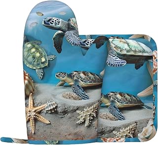 Sea Conch Shell Starfish Turtle Prints Silicone Oven Mitts and Pot Holders Sets of 2 Heat Resistant Kitchen Gloves(Left) and Potholder for Picnic BBQ Cooking Baking