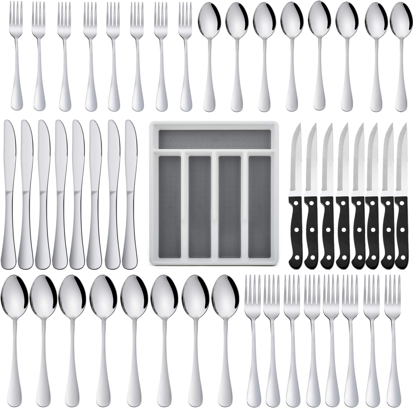 HaWare 49-Piece Silverware Set with Flatware Drawer Organizer, Stainless Steel Cutlery with 8 Steak Knives, Modern Eating Utensils Tableware Service for 8, Mirror Polished, Dishwasher Safe