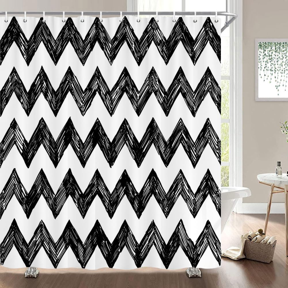 Cortina de Ducha 200 x 200 cm Geométrica con Rayas Onduladas Negras, Diseño de Rayas Blancas y Negras, Moderna, Sencilla, de Poliéster, Impermeable, Lavable, con Ganchos, 200 x 200 cm (1 Paneles)