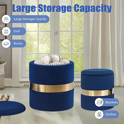 Miniatura 8 de Joveco Juego de 2 otomanas redondas con almacenamiento tapizado de terciopelo para maquillaje, otomanos multifuncionales, reposapiés acolchado para