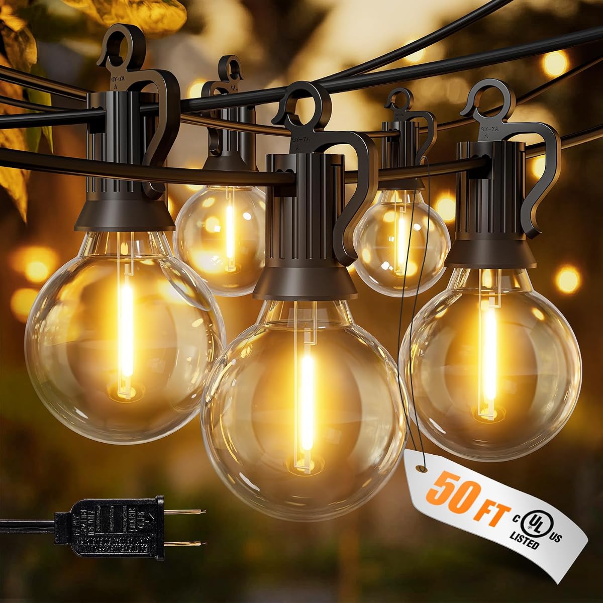 Cadena de luces para exteriores, 50 pies, 52 bombillas LED, luces de patio conectables (2 de repuesto) | Lámpara colgante vintage G40 para exteriores, para patio, bistró, balcón, porche, fiesta de Navidad, boda, E12, 2200K, negro