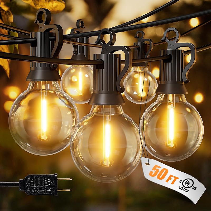 Cadena de luces para exteriores, 50 pies, 52 bombillas LED, luces de patio conectables (2 de repuesto) | Lámpara colgante vintage G40 para exteriores, para patio, bistró, balcón, porche, fiesta de Navidad, boda, E12, 2200K, negro
