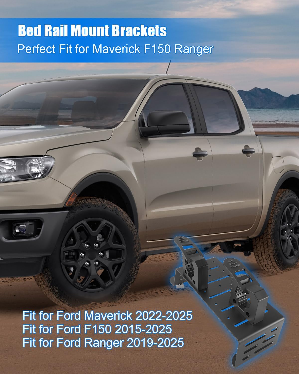 Truck Bed Rail Mount Brackets Compatible with Ford Maverick 2022-2025 F150 2015-2025 Ranger 2019-2025 Truck Bed Rail Track System, Modular Carbon Steel Accessory Mount for Shovels, Axes(3-Set Clamps)