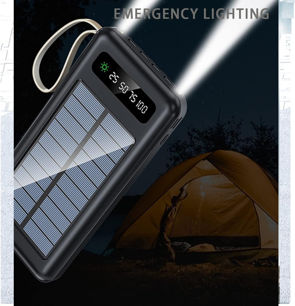 SQUADO Power Bank 20000mAh con Ricarica Solare - Caricatore Portatile, USB-C, USB per i smartphone,tablet e laptop Cavi Incorporati USB, USB-C e Micro USB bianco e nero colore