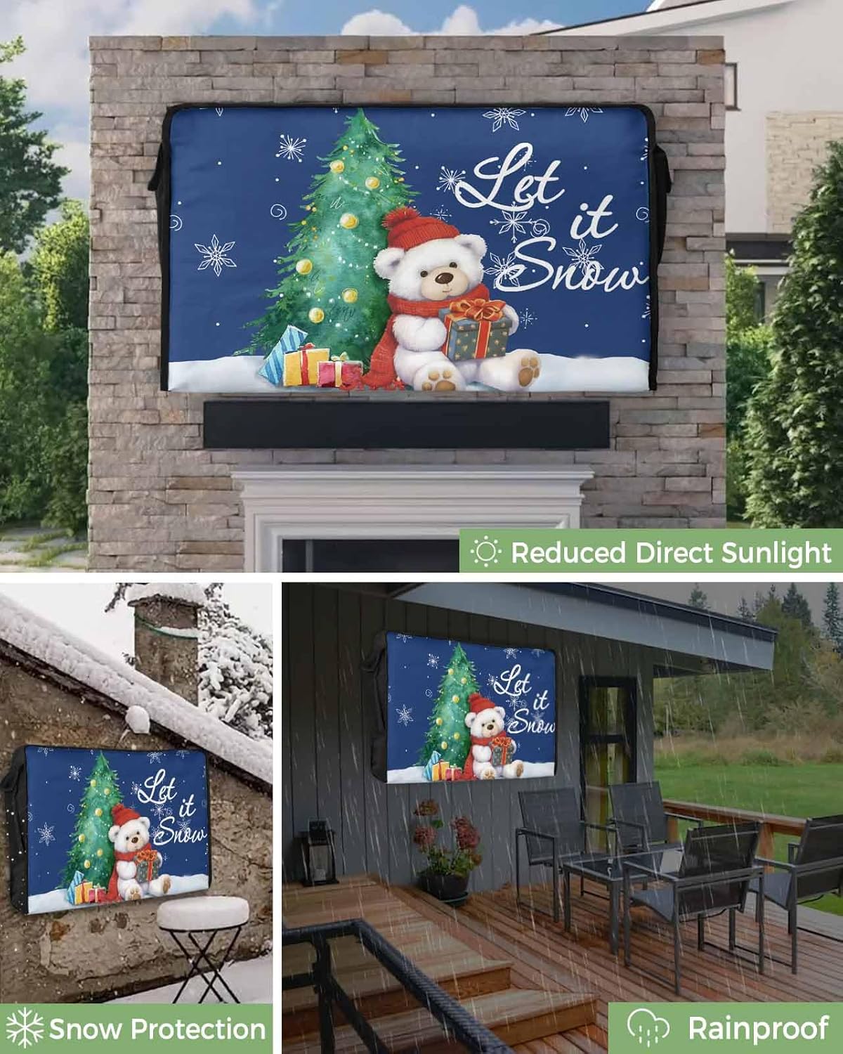 Christmas Tree Outdoor TV Cover 60"-65" - 600D Waterproof TV Cover Weatherproof TV Screen Protector Dustproof Winter Xmas Bear Snowflake Blue TV Display Protector for Outside Flat Screen TV