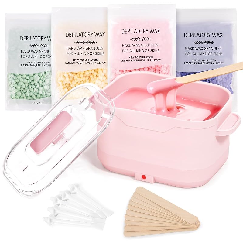 Kit de Depilação com Aquecedor de Cera de Silicone Beloving, 4 Pacotes de Pérolas de Cera Dura, Rosa