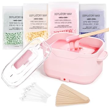 Waxing Kit, Silicone Wax Warmer with 4 Packs Hard Wax Beads, Protable Hot Wax Machine Pot for Full Body, Face, Eyebrows, Legs, Bikini, At Home Hair Removal Kit with 15 Accessories for Women Men, Pink