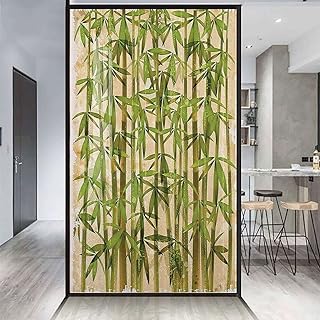 Green Cream Window Film Daytime Privacy Protection Japanese Bamboo Reeds on a Vintage Art Window Privacy Film Frosted Glass Window Clings Bamboo House 23.6Wx47.2L-inch