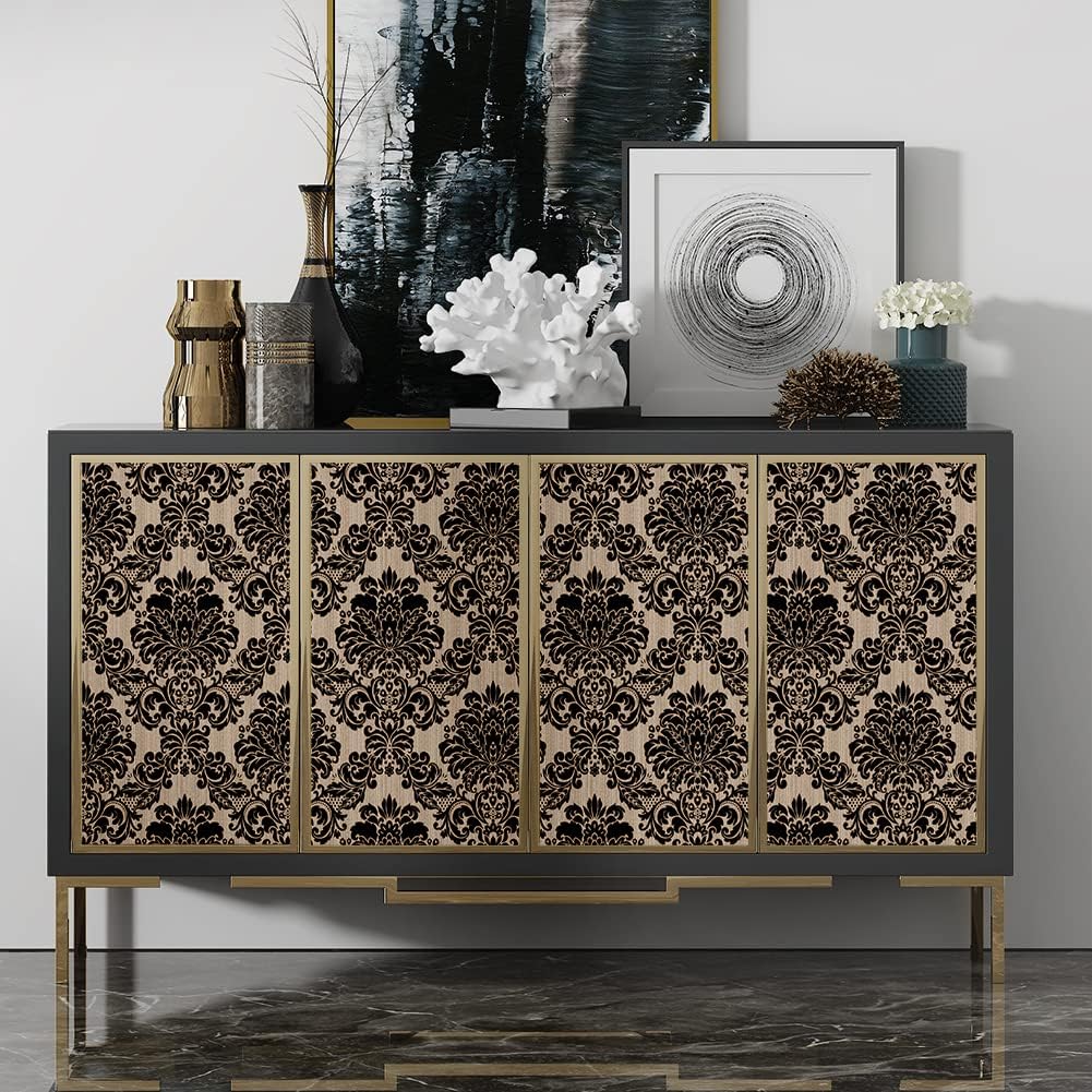 Damask Peel and Stick Wallpaper Black/Brown Vintage Vinyl Waterproof Self Adhesive Contact Paper for Bathroom Bedroom Cabinet Decor 17.7" x 32.8ft