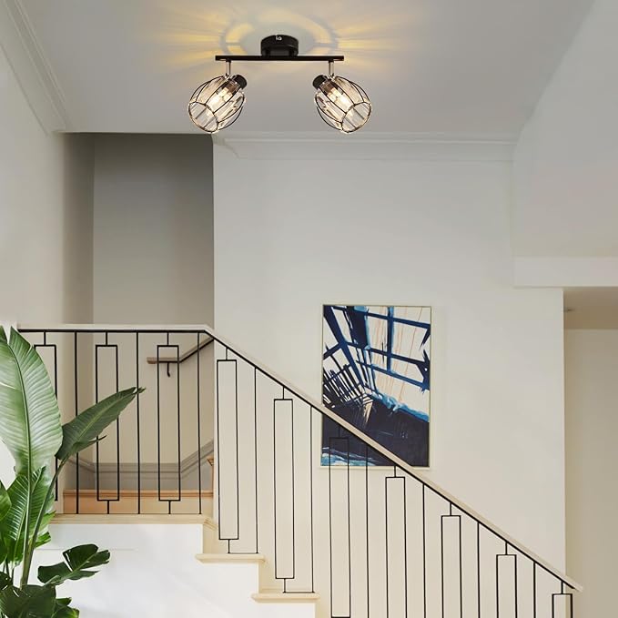 ZMH ZMH Plafondspot Vintage Plafondspot 2 Lampen - Kristallen Lampenkap Plafondlamp Industriële Retro Spot E14 Zwart 350° Draaibare Ganglamp (Zonder Lamp) photo 3