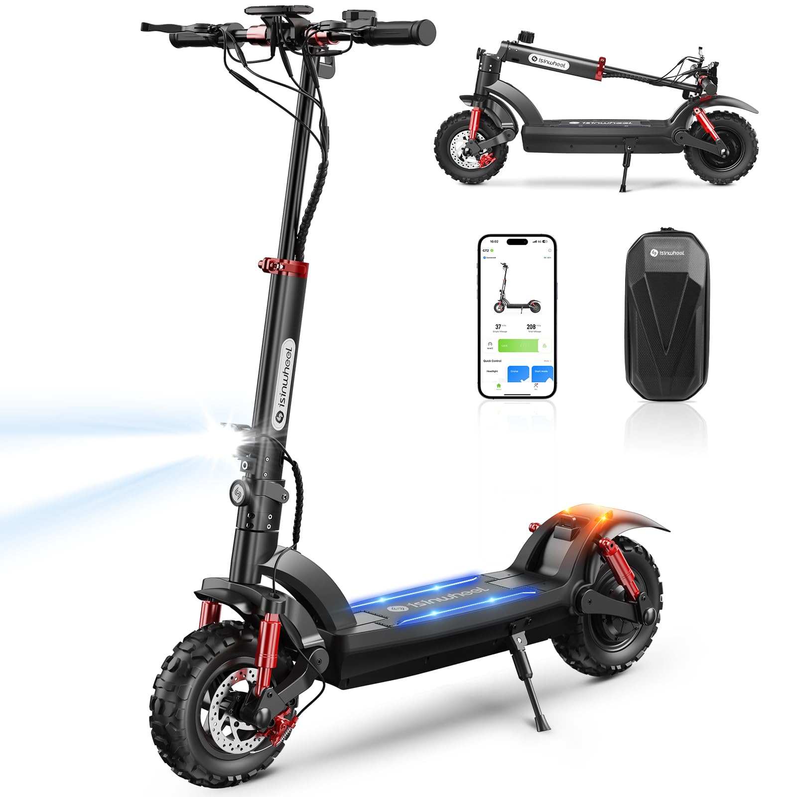 isinwheel GT2 Trottinette Électrique Adulte 1200W,Batterie 48V 15Ah,Autonomie 60KM,Pliable Tout Terrain avec Amortisseurs Avant/Arrière,APP,Clignotants,Éclairage Ambiance,Charge Max 150KG