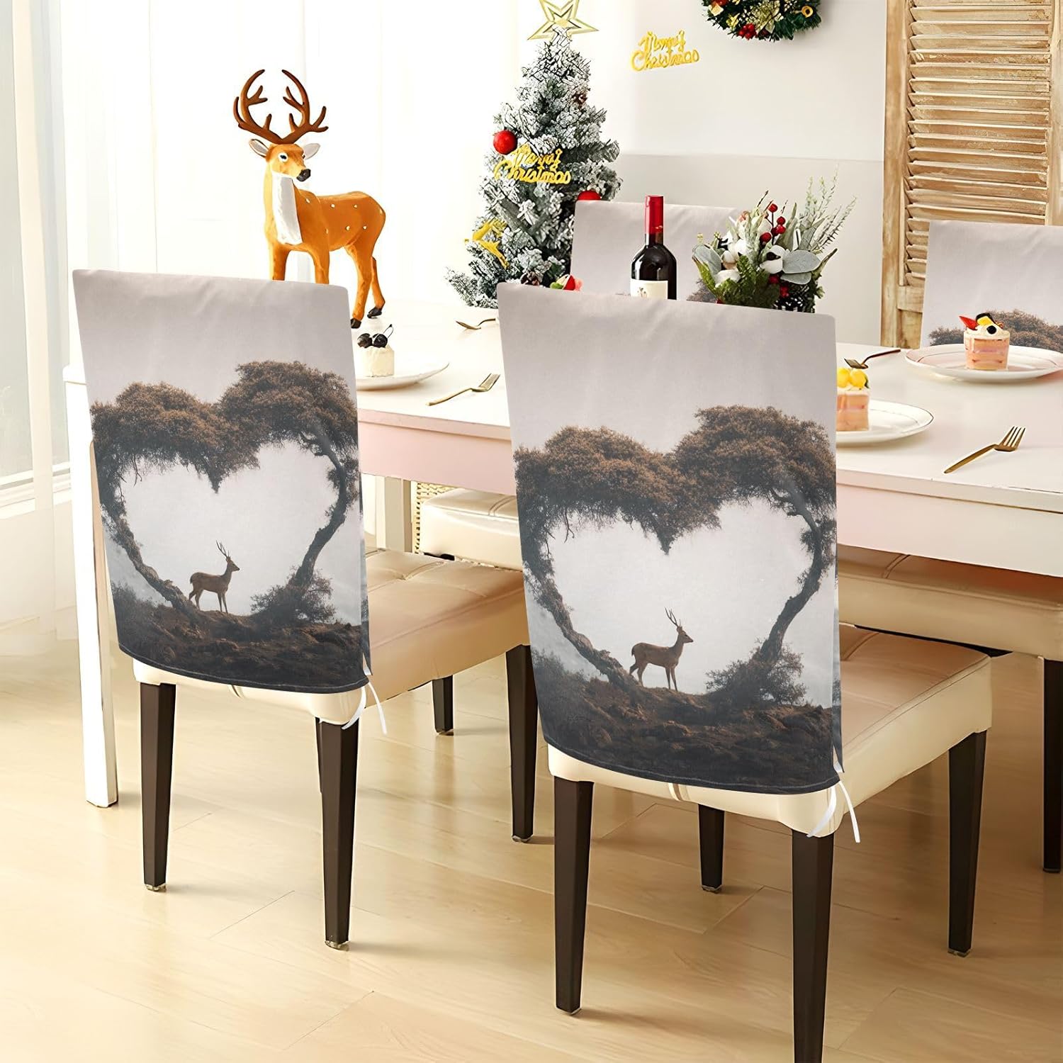 ALAZA Vintage Hearts Trees Deer Mountain Chair Back Cover Set of 6, Washable Reusable Removable Chair Slipcovers Decorative Chair Cover for Home Kitchen Wedding Party