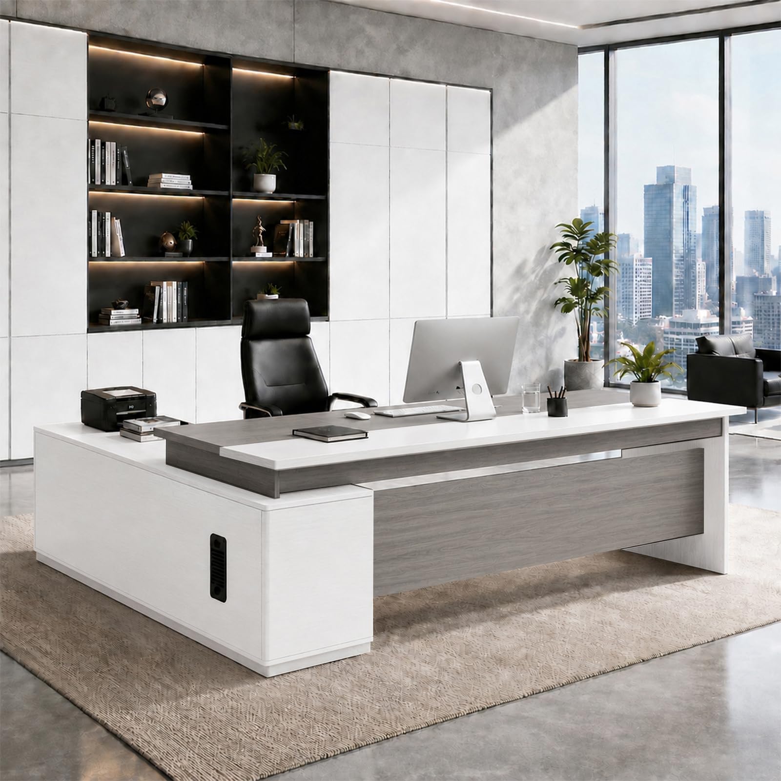 SimpArt Executive Desk with Storage Cabinet, Modern Office Desk with Side Credenza, Large Manager Desk Workstation for Home Office Business, Durable