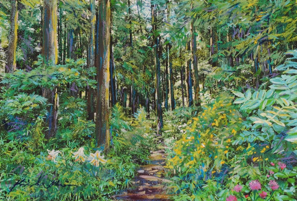 Amazon | 石井清 「森への道」 花 絵画 百合 アザミ 風景画 横浜