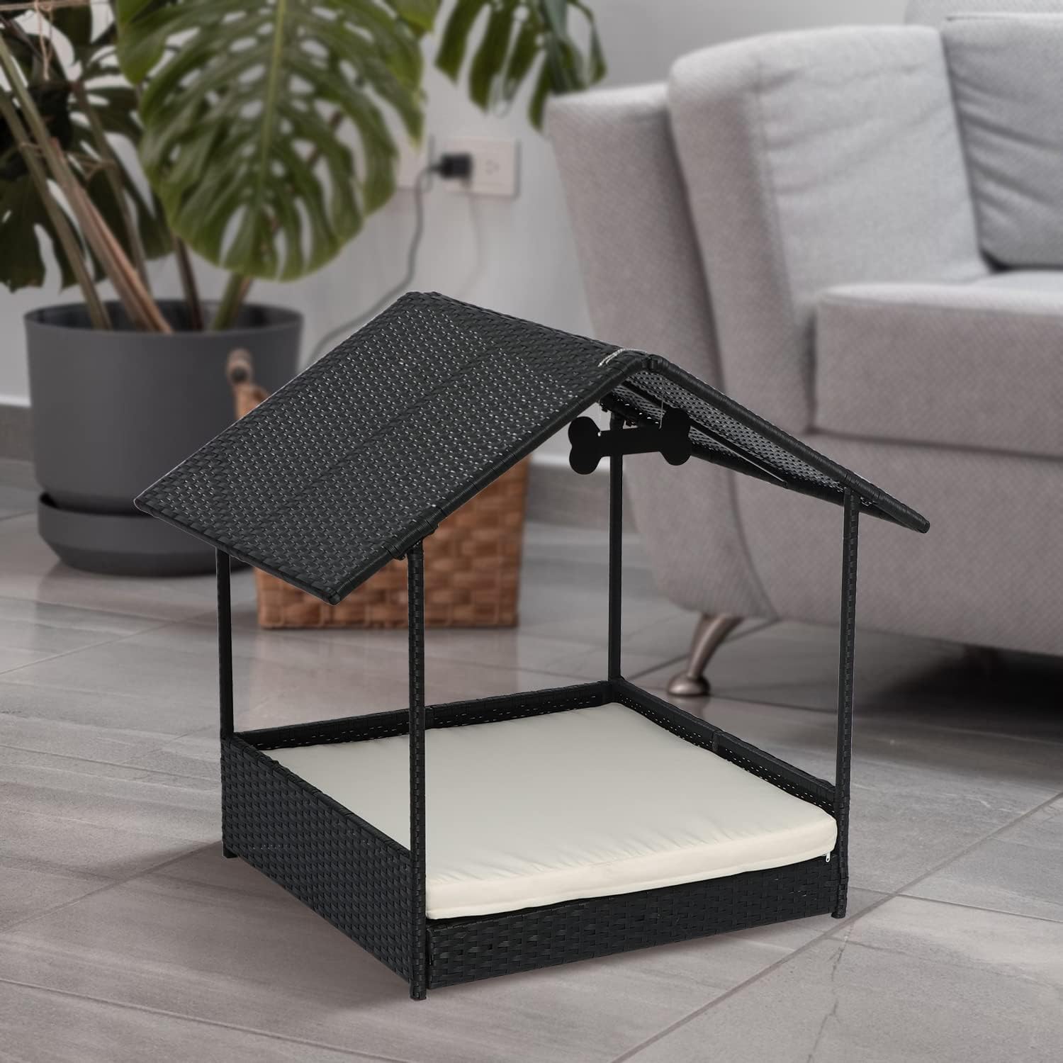 Scurrty Wicker Dog House Raised Rattan Bed Rattan Dog Sofa for Indoor/Outdoor with Water Resistant Cushion Cover (Regular, Black+Beige) : Patio, Lawn & Garden