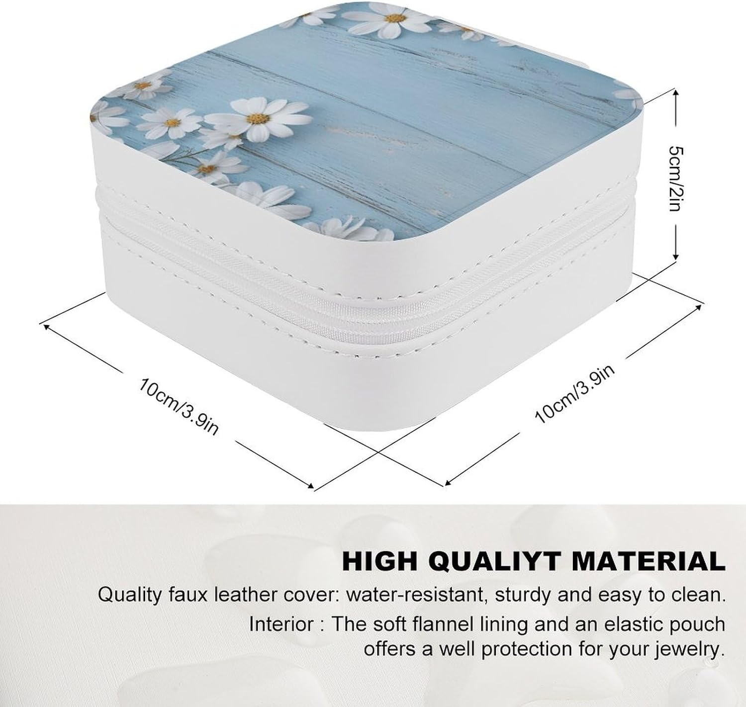 White Flowers Light Blue Wood Jewelry Box for Women Portable PU Leather Mini Jewelry Travel Case Multiple Compartments Jewelry Organizer Large Capacity Jewelry Tray for Necklace Ring image 2