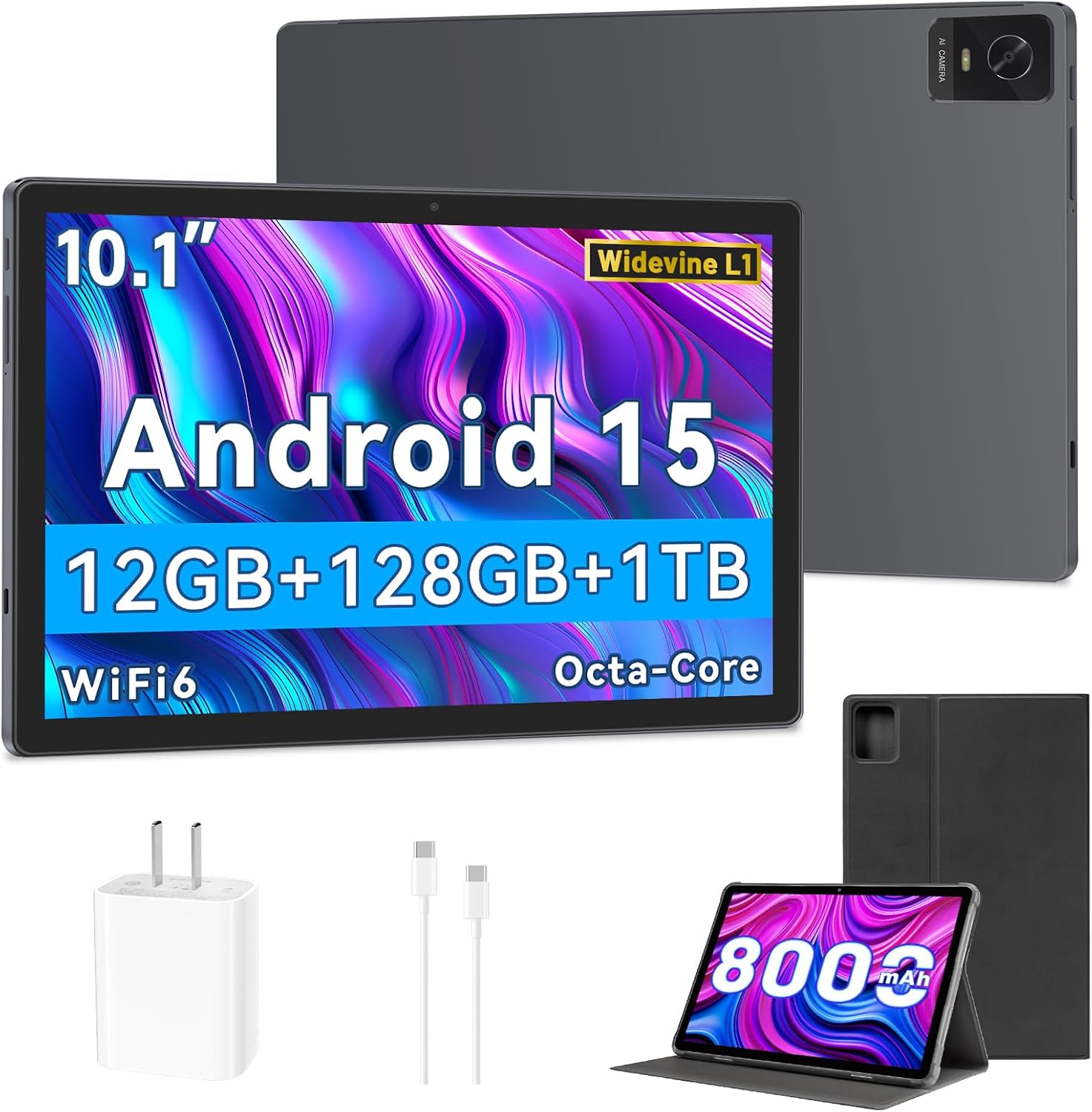 Android 15 Tablet, 10.1 Inch Tablets, Octa-Core, 12GB RAM, 128GB ROM (1TB Expandable), Widevine L1, 8000mAh Battery, 2.4/5GHz WiFi, GPS/FM, 5MP+13MP Cameras, 18W Fast Charging, Case Included – Grey