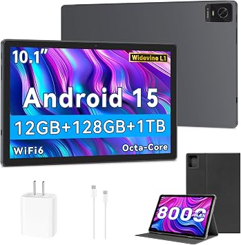 Android 15 Tablet, 10.1 Inch Tablets, Octa-Core, 12GB RAM, 128GB ROM 1TB Expandable, Widevine L1, 8000mAh Battery, 2.4/5GHz WiFi, GPS/FM, 5MP+13MP Cameras, 18W Fast Charging, Case Included Grey