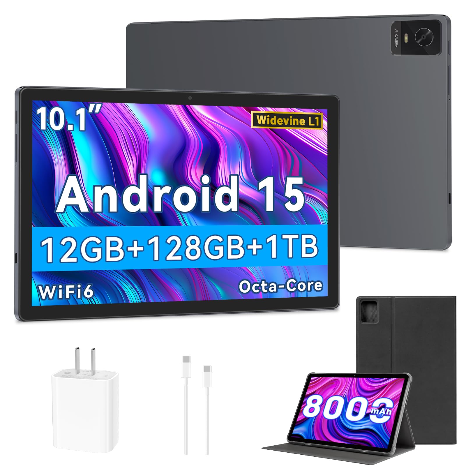 Android 15 Tablet, 10.1 Inch Tablets, Octa-Core, 12GB RAM, 128GB ROM (1TB Expandable), Widevine L1, 8000mAh Battery, 2.4/5GHz WiFi, GPS/FM, 5MP+13MP Cameras, 18W Fast Charging, Case Included – Grey